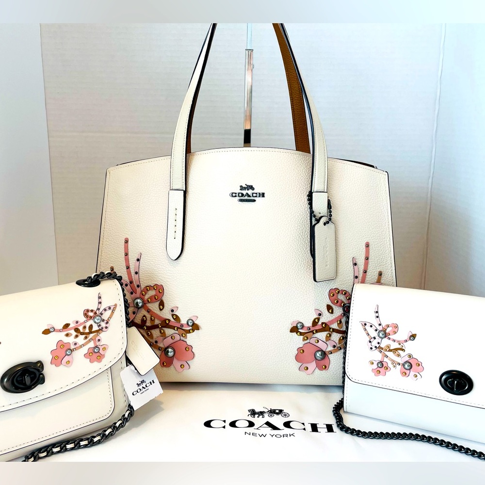 Coach Turnlock Floral Embroidery Chalk Crossbody Purse with Dust Bag - Picture 2 of 14